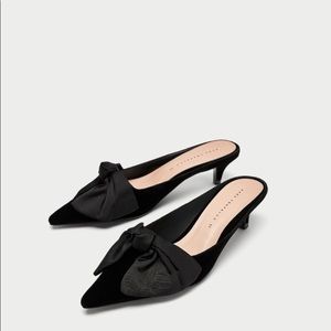 Zara black velvet kitten mules with bow on front